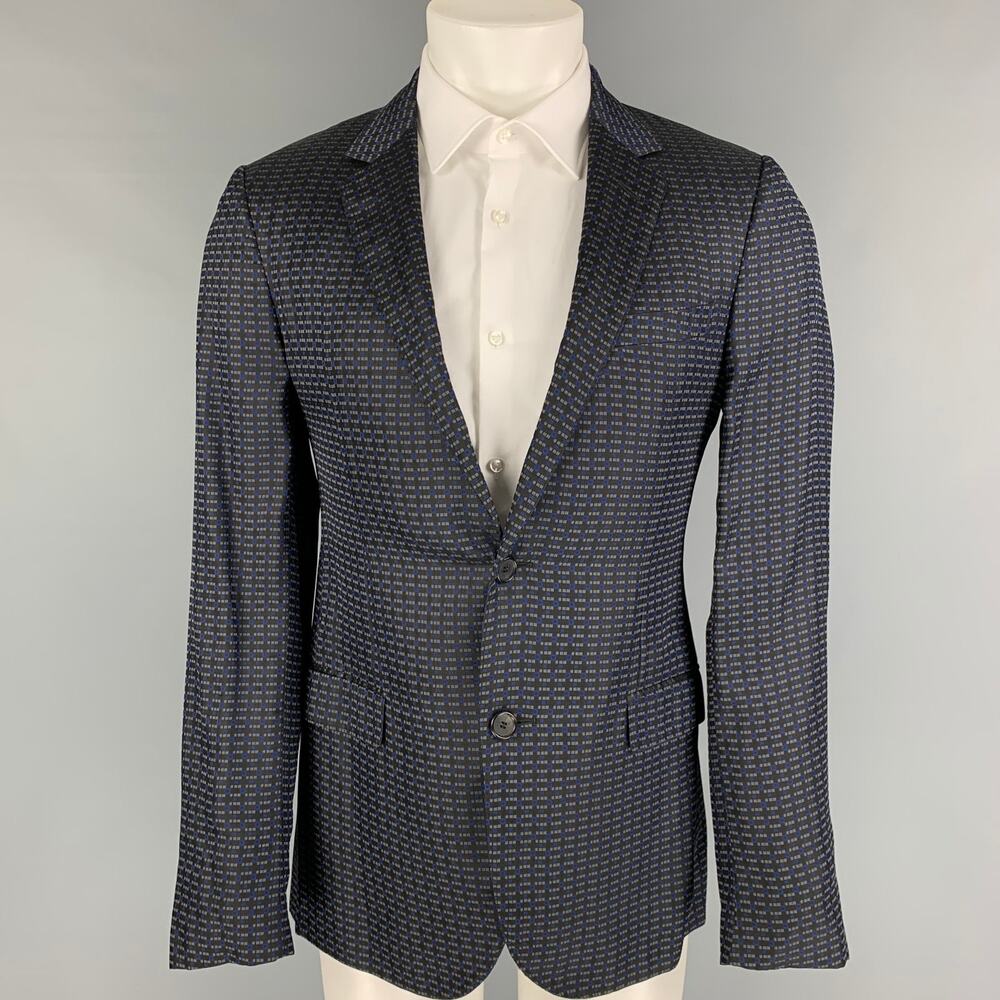 LANVIN Size 40 Regular Grey Blue Print Viscose Silk Sport Coat